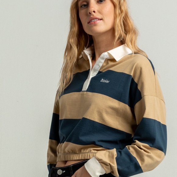 Dickies Cinch Collared Polo Tee Crop Top Yellow Blue Elastic Bottom 100% Cotton - Picture 2 of 12